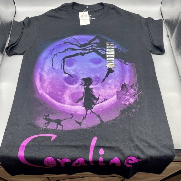 Coraline T-Shirt Button Moon Laika Small NEW - Picture 1 of 5